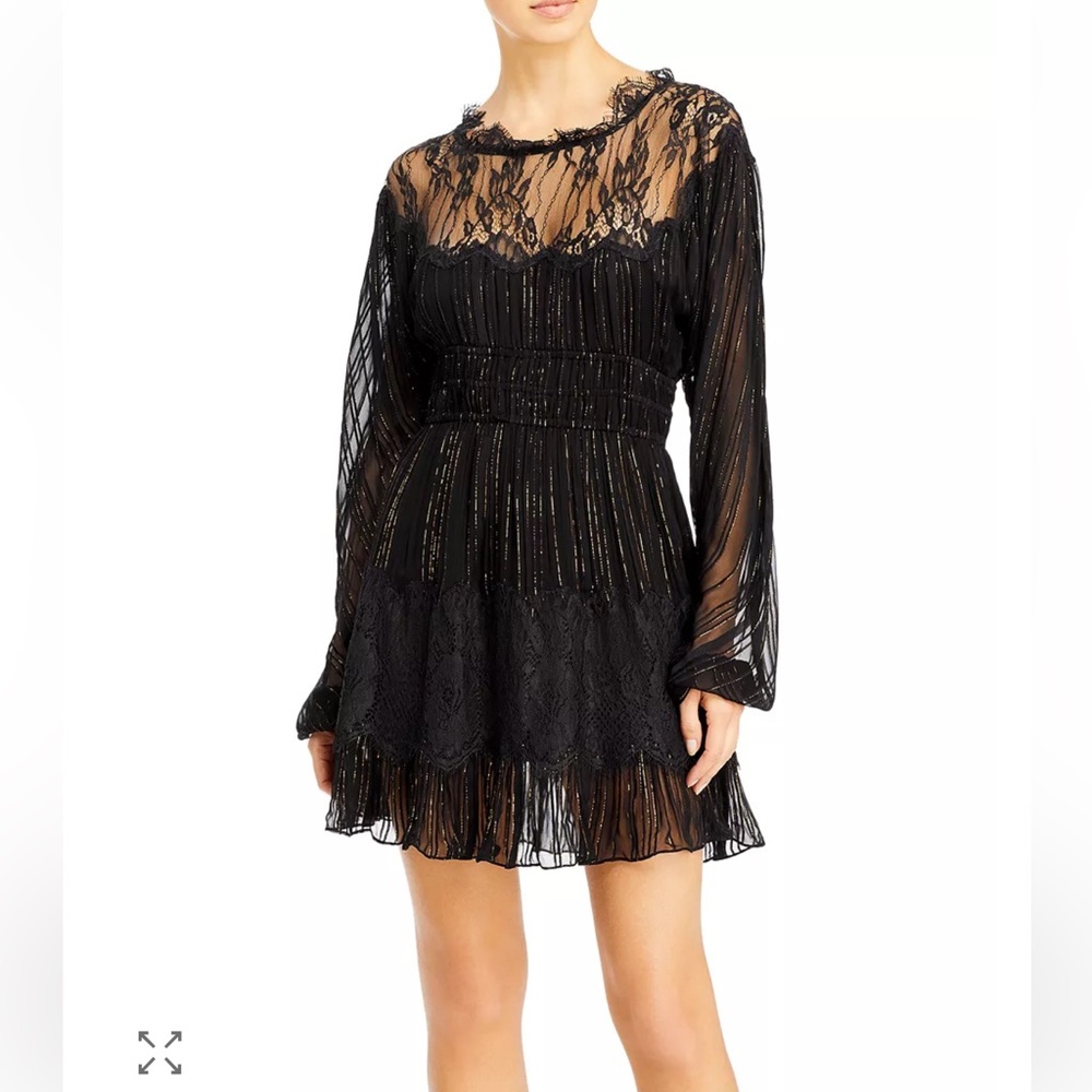 LoveShackFancy Black Lace & Metallic-Thread Long Sleeve Mini Dress